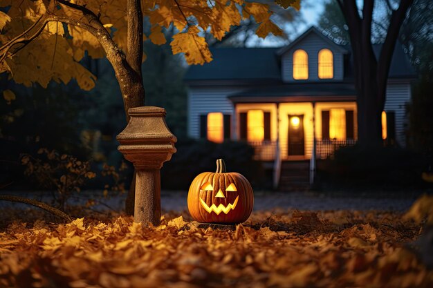 Jackolantern citrouille d'Halloween près de la maison Décorations de maison festives IA générative