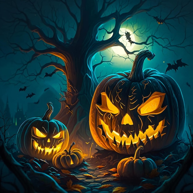 Jackolanterns d'Halloween sur fond sombre AI générative