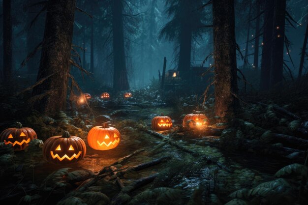 Jackolanterns rougeoyants dans un décor de forêt sombre créé avec une IA générative