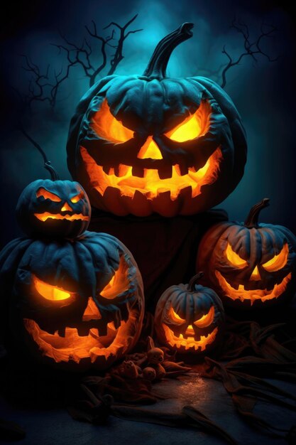 Jackolanterns sculptés fantasmagoriques brillant dans le noir créés avec une IA générative