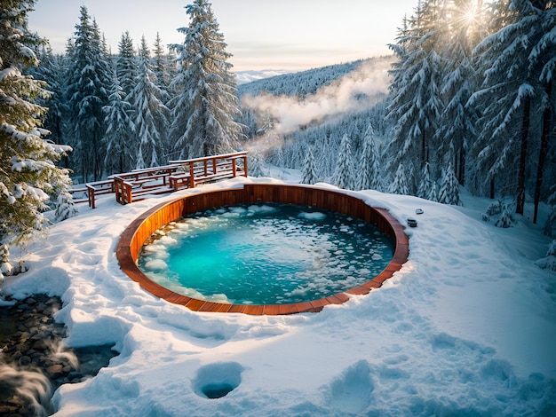 Un jacuzzi dans une forêt enneigée