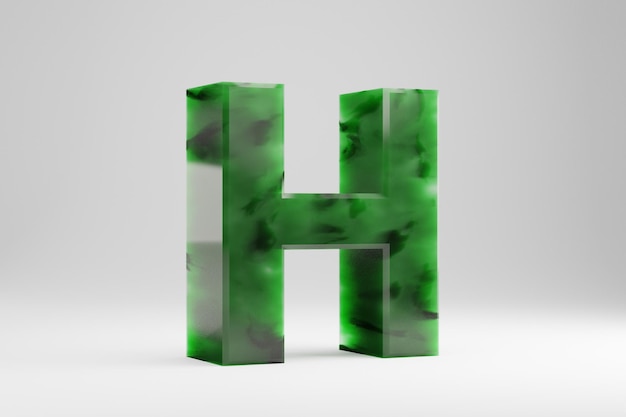 Jade 3d lettre H majuscule. Lettre de jade isolée sur fond blanc. Alphabet de pierre semi-transparente en jade vert. Caractère de police rendu 3D.