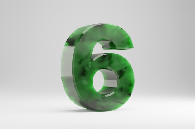 Jade 3d numéro 6. Numéro de jade isolé sur fond blanc. Alphabet de pierre semi-transparente en jade vert. Caractère de police rendu 3D.