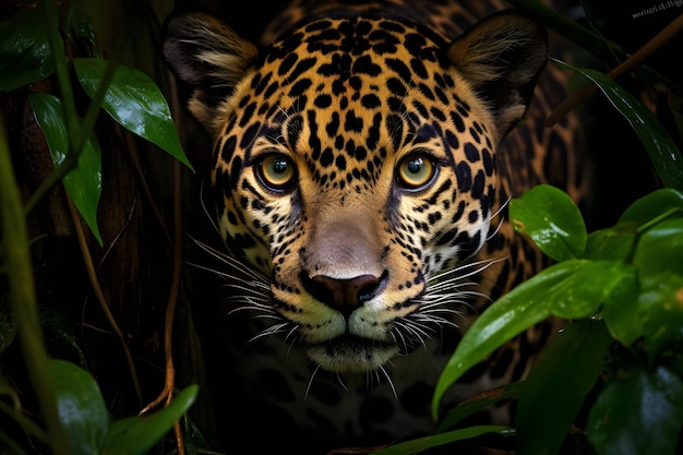 Jaguar caché dans la forêt tropicale