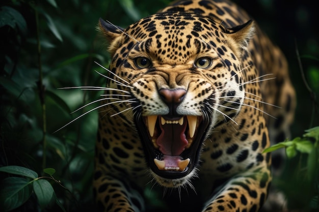 Jaguar en colère dans la forêt tropicale