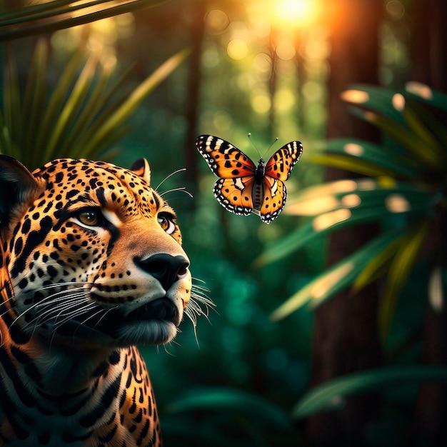 Le jaguar dans la forêt tropicale et le coucher du soleil