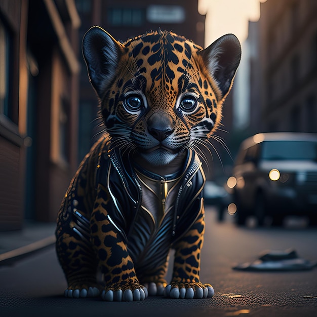 Un jaguar est assis dans la rue de la ville.