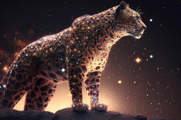 Un jaguar est sur un rocher avec une galaxie d'étoiles en arrière-plan.