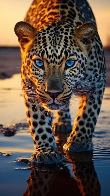 un jaguar léopard de la faune marchant dans une flaque d'eau au coucher du soleil