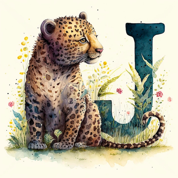 Jaguar et la lettre J Explorant la nature et apprenant l'alphabet illustration à l'aquarelle pour enfants ABC