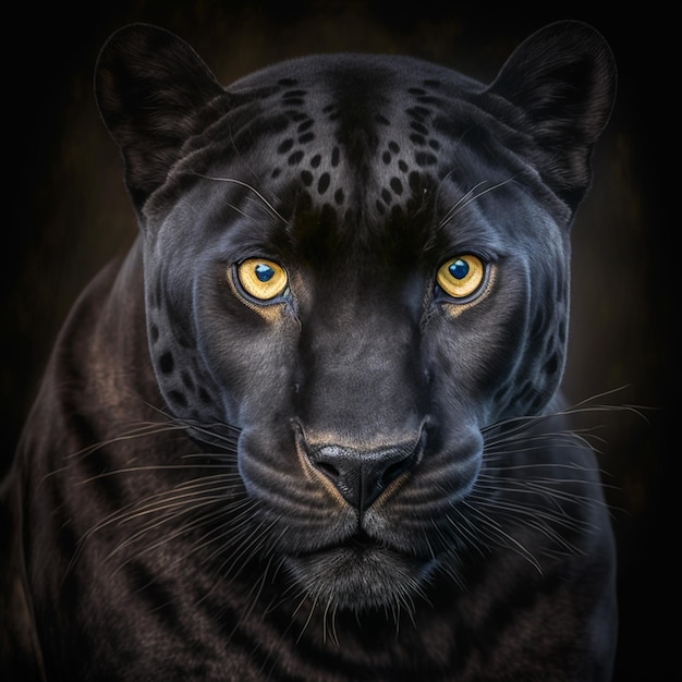 Un jaguar noir aux yeux jaunes regarde la caméra.