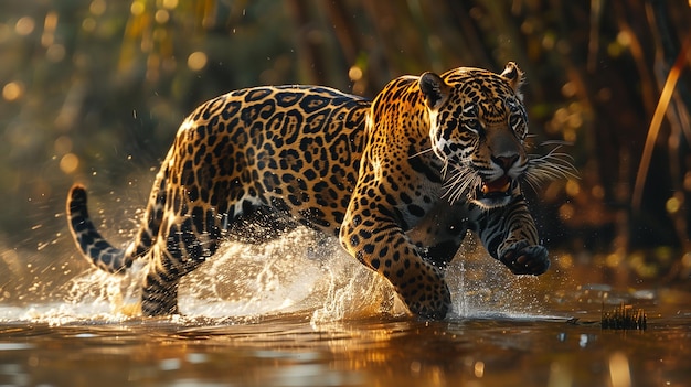 Un jaguar qui traque dans l'eau