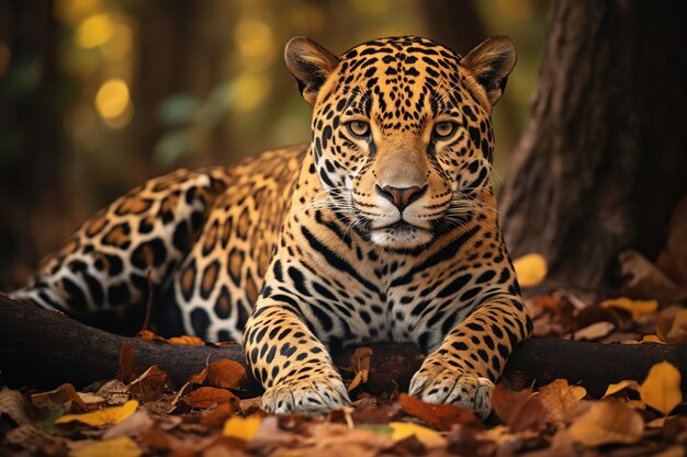 Jaguar reposant sur un sol forestier