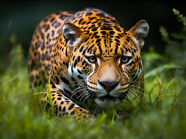 Photo un jaguar sauvage qui traque dans l'herbe en gros plan d'un jaguar génératif