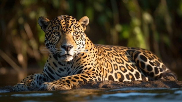 Un jaguar se repose dans une rivière au Brésil.