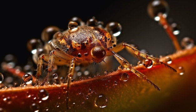 Jambe d'arachnide fantasmagorique sur une feuille humide agrandie au point générée par l'intelligence artificielle