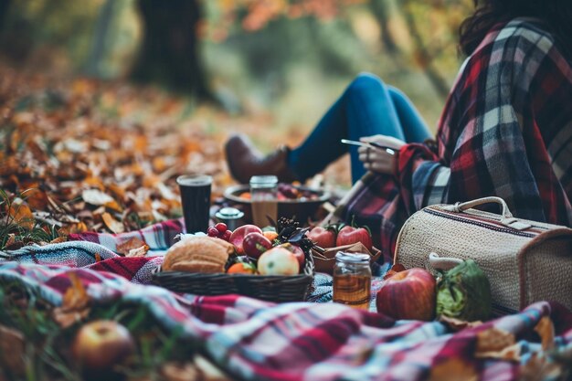 Une jambe de femme assise sur une couverture avec de la nourriture lors d'un pique-nique