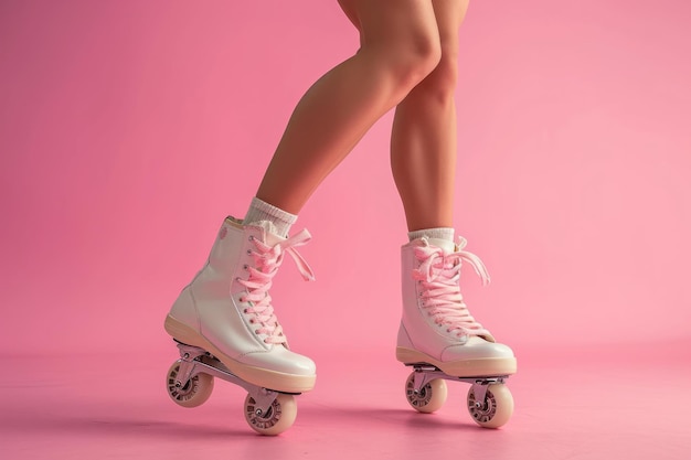 jambe avec patins à roulettes sur fond rose rose clair et blanc