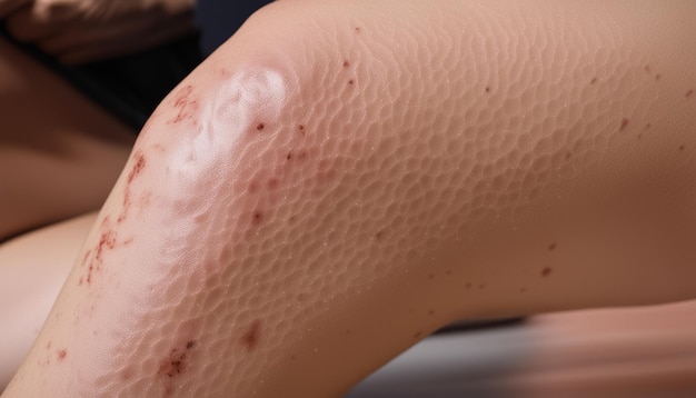 Une jambe de personne avec des bosses de peau et des cicatrices