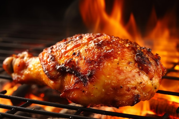 Photo une jambe de poulet grillée sur le gril en flammes