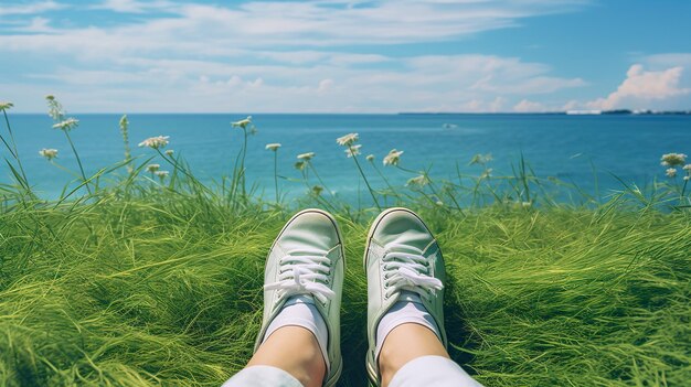 Jambe avec une sneaker sur l'herbe alors qu'il était assis près de l'océan en regardant le paysage IA générative