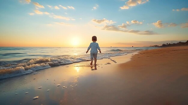 Jambes de bébé à pied sur le coucher du soleil à la plage de sable rayons de soleil fusées éclairantes sur l'eau de mer vague vacances d'été
