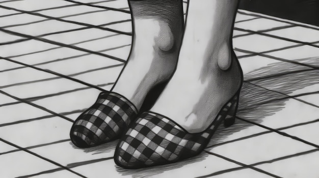 Les jambes et les chaussures d'une femme en noir et blanc