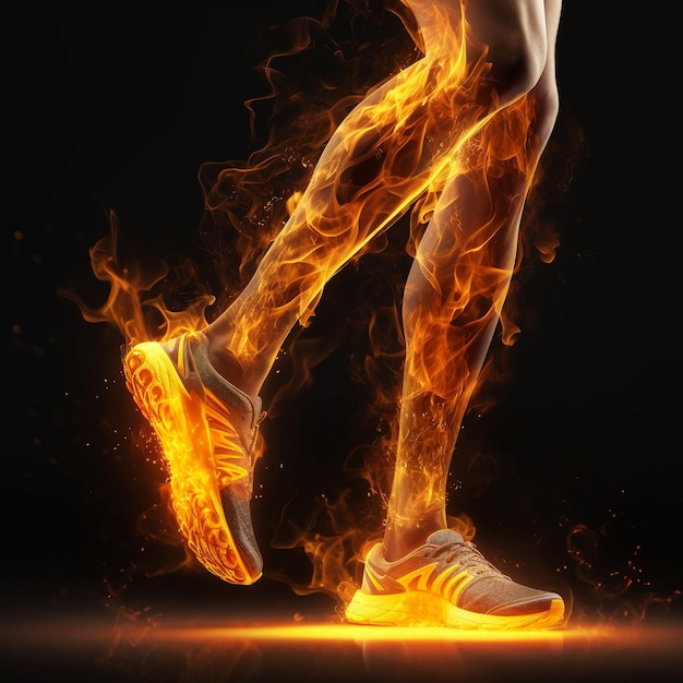 les jambes d'un coureur sportif brûlées par des flammes de feu sur fond noir