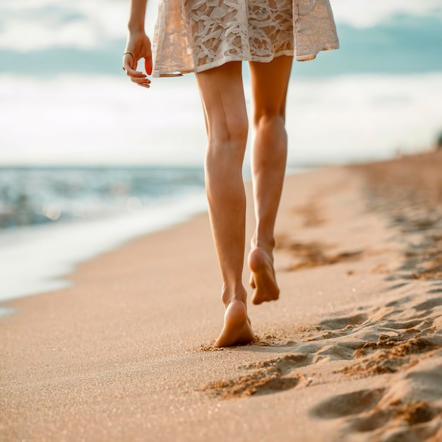 Jambes féminines sur la plage en gros plan