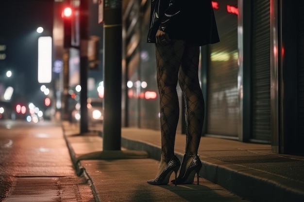 Jambes féminines près du club dans la rue de nuit à la lumière des lanternes Generative AI