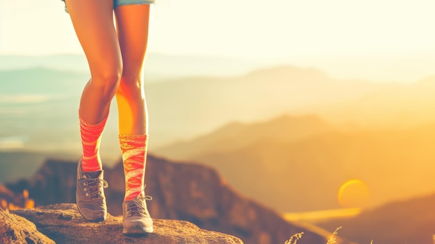 Les jambes d'une femme avec des chaussettes colorées debout sur un sommet de montagne