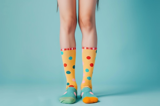 jambes de femme avec des chaussettes à genoux de couleurs vives sur fond bleu