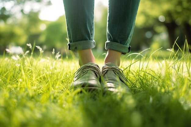 Photo jambes de femme pieds sur l'herbe verte generative ai