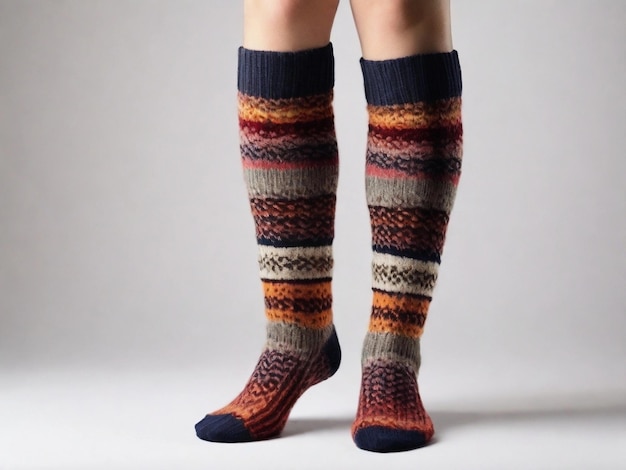 Jambes de femmes en chaussettes colorées sur fond gris Chaussettes tricotées