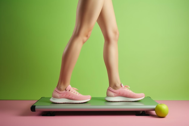 Les jambes des femmes marchent sur des balances avec un ruban à mesurer