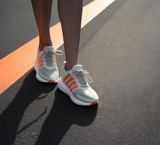 Jambes de femmes en pantalons de survêtement chaussettes blanches et baskets blanches avec des éléments verts sur le fond de la piste avec des marques dans le stade