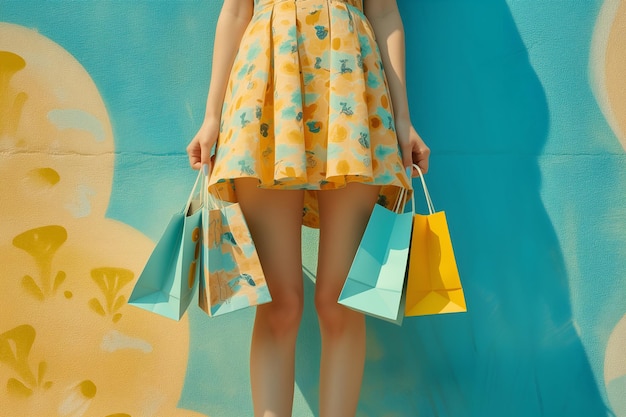 Photo les jambes des femmes avec des sacs d'achat sur le fond du mur