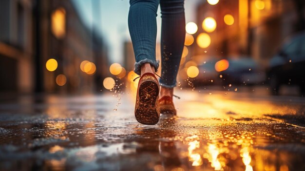 les jambes d'une fille dans une robe noire avec des chaussures mouillées dans la rue sous la pluie