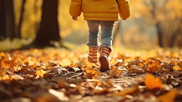 Les jambes d'une fille en gros plan courent le long du sentier dans le parc d'automne les feuilles tombent les feuilles volent autour