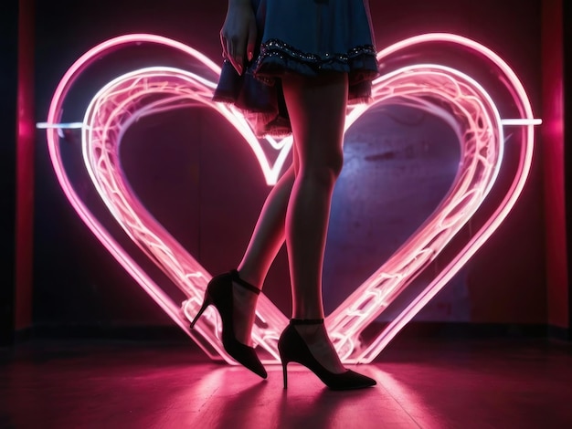 Les jambes d'une fille en talons hauts près d'un cœur au néon brillant