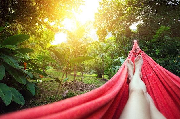 Jambes fines d'une fille allongée dans un hamac dans les jungles tropicales du Brésil. Brésil