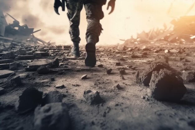 Photo jambes des forces spéciales soldat militaire sur le champ de bataille ai généré