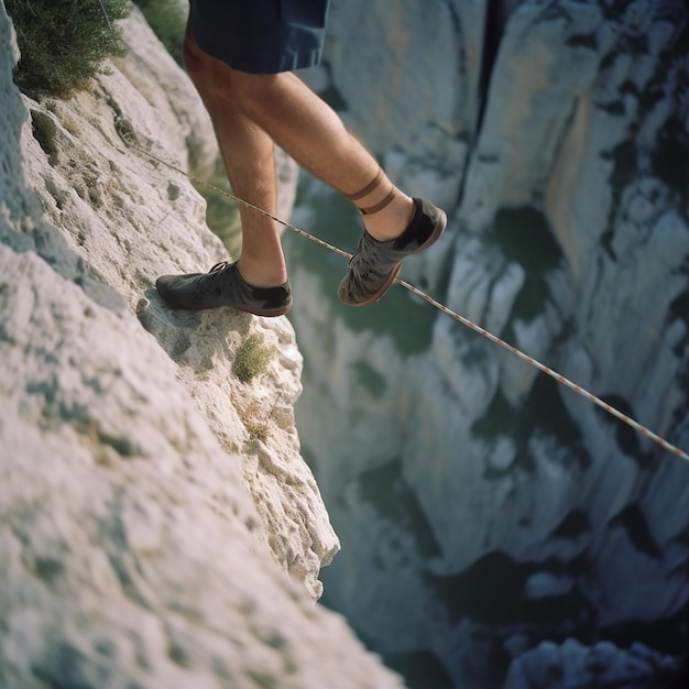 Jambes d'homme marchant sur la corde raide au-dessus d'un abîme libre funambule haut au-dessus de la falaise