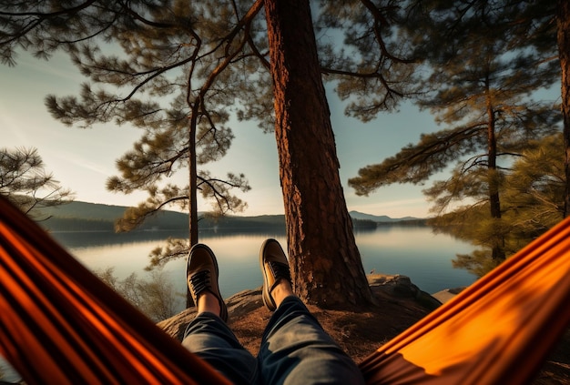 les jambes de l'homme se détendent dans un hamac orange