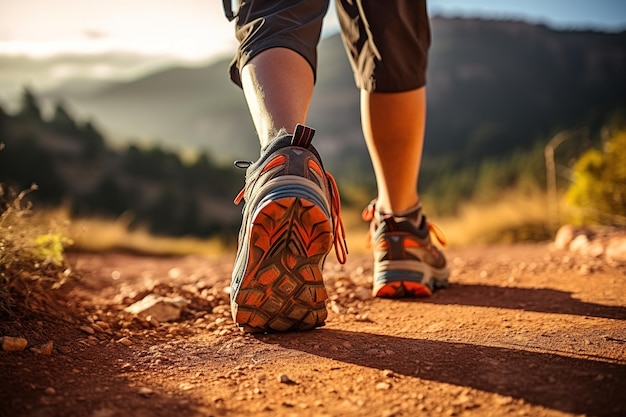 Les jambes d'hommes avec des chaussures de sport et un sac à dos courent le long d'un sentier de montagne IA générative