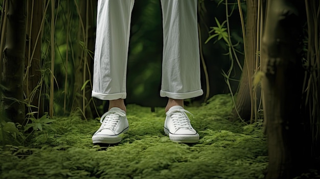 jambes masculines vêtues de baskets vertes blanches sans marque dans la forêt un style moderne minimaliste pour souligner la simplicité et le lien avec la nature dans cette composition