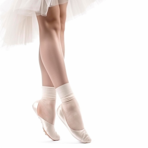 Les jambes minces d'une ballerine dans des chaussures à pointe blanches isolées en gros plan blanc