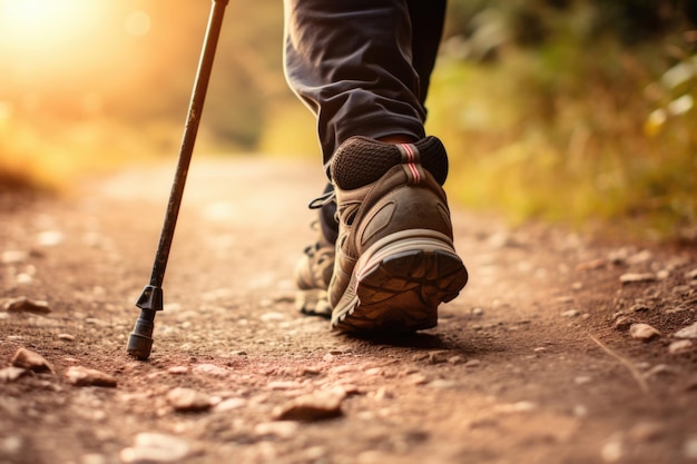 Les jambes en mouvement rapide le praticien embrasse la technique de marche nordique favorisant la santé cardiovasculaire et l'endurance musculaire