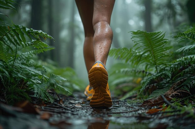 Les jambes et les pieds d'un coureur se brouillent alors qu'ils traversent une forêt dense et verte.