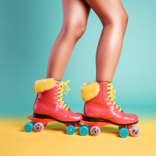 Jambes portant des patins à roulettes à quatre roues mignons avec des lacets Illustration AI GenerativexA